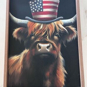 Highland Cow with American Flag Hat Wall Art